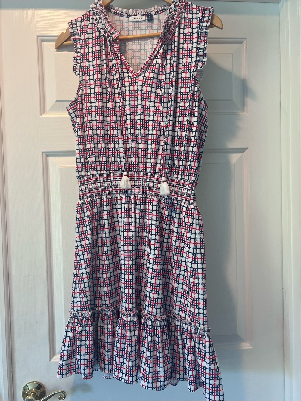 Like New Cabana Life UVF 50+ Navy, Red & White Geometric Ruffle Top